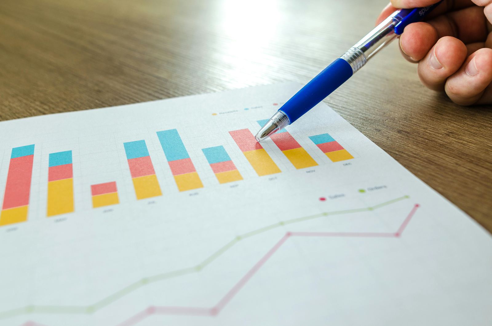 Printed bar and line charts being reviewed with a pen